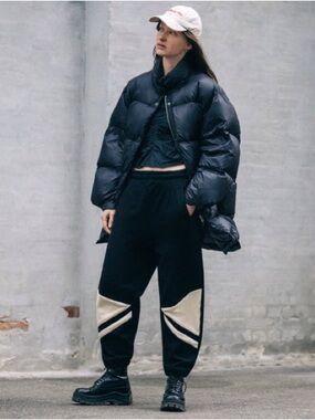 ROUCHA Pleat Sweatpants Minimalist Streetwear Joggers Black Cream Y2K Sz L Short